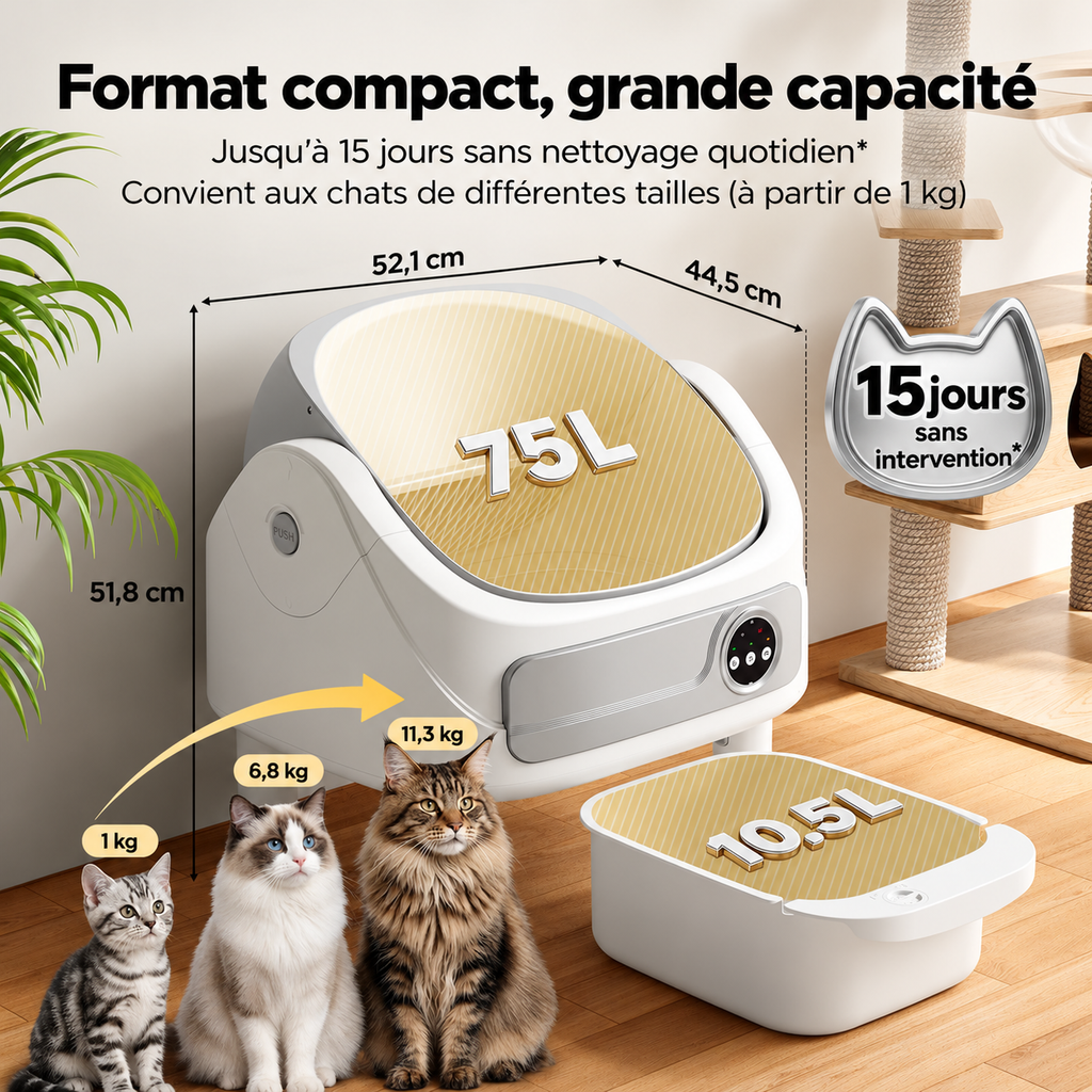 Bac à litière autonettoyant connecté pour chat