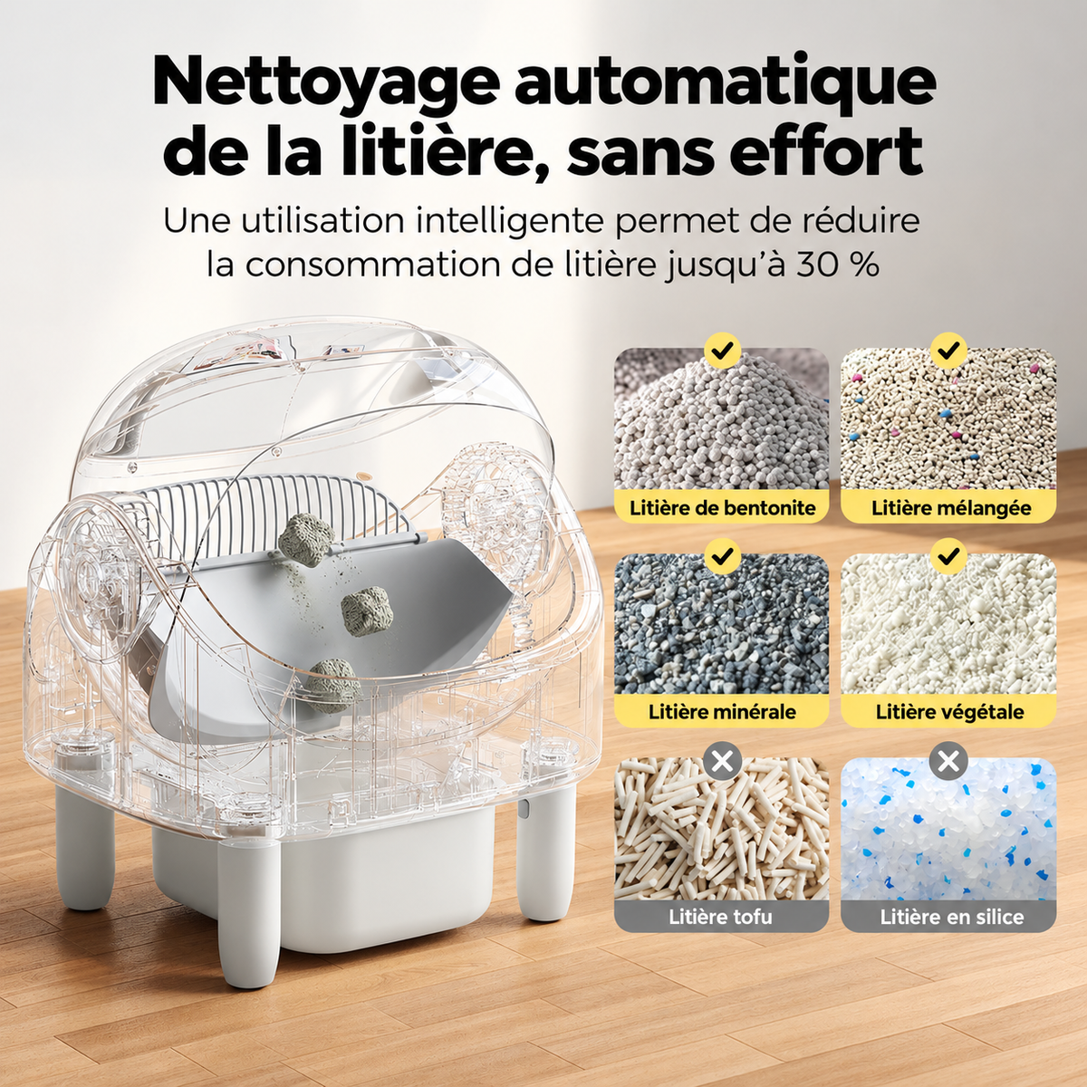 Bac à litière autonettoyant connecté pour chat