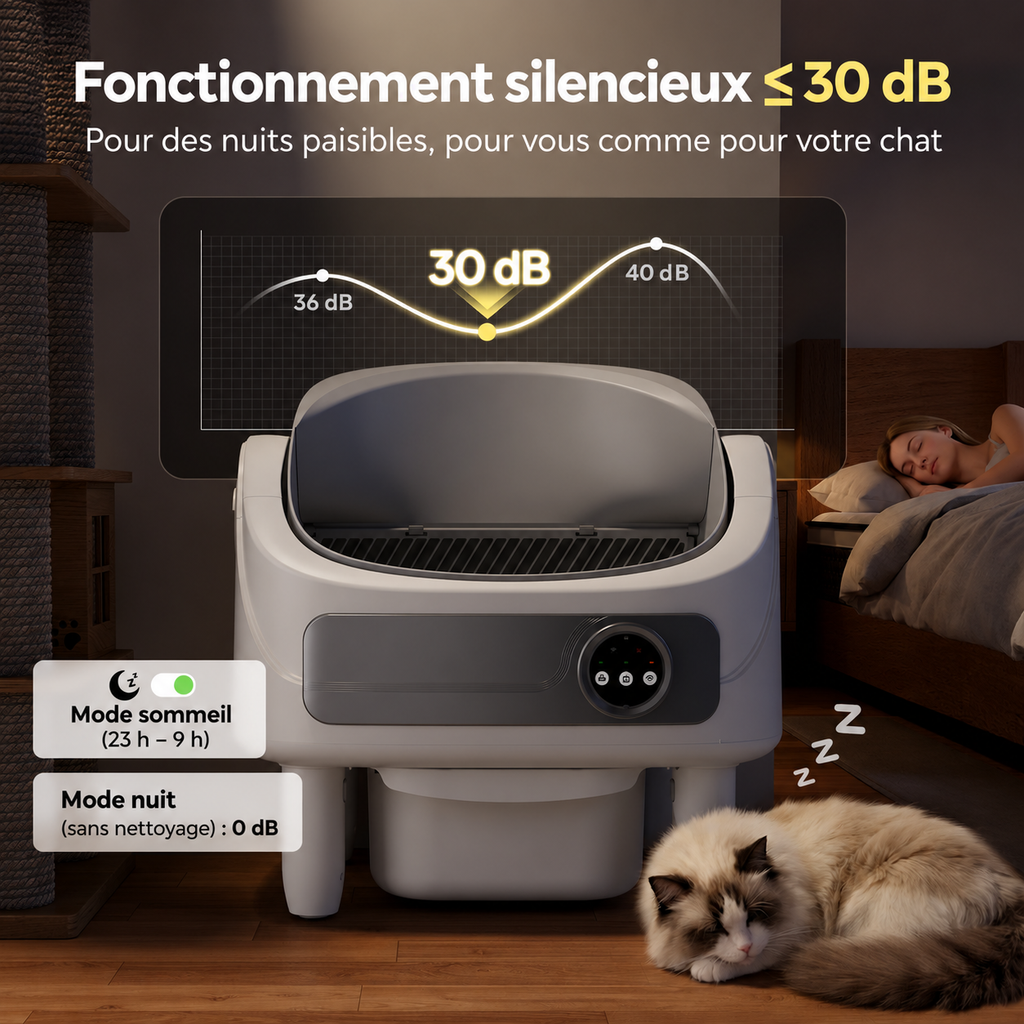 Bac à litière autonettoyant connecté pour chat