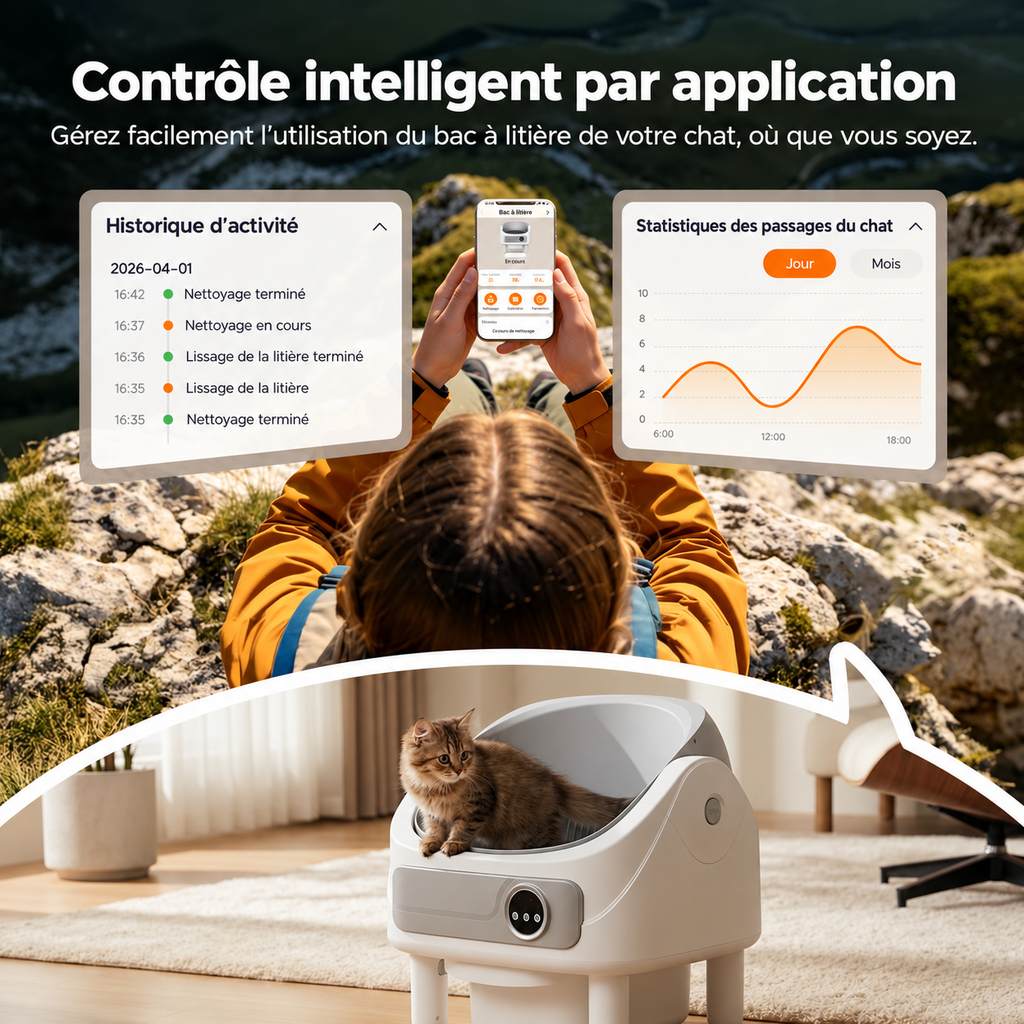 Bac à litière autonettoyant connecté pour chat